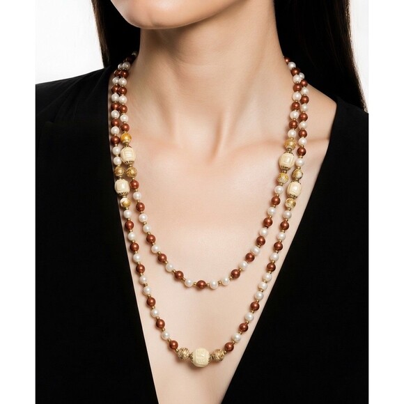 Coro Jewelry - Vintage CORO Signed Faux Pearl Beaded Long Layering Necklace Cream Brown Gold